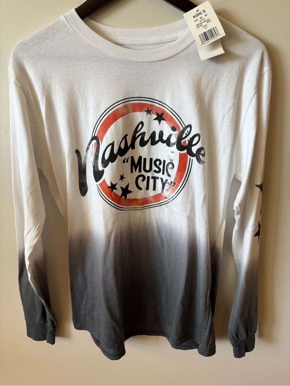 Mighty Fine Nashville Music City L White Ombre Graphic Long Sleeve Tee